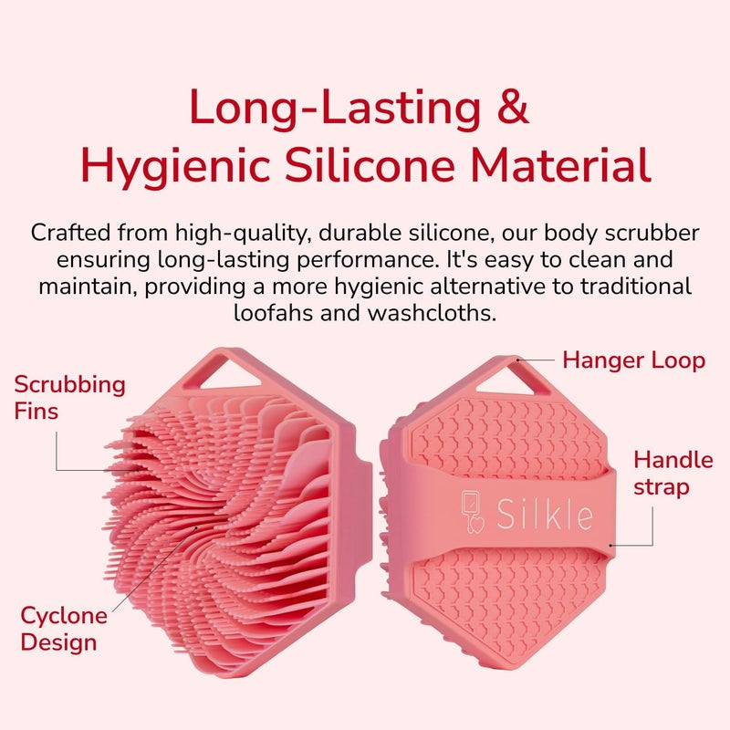 SILKLE Silicone Body Scrubber – Gentle Exfoliating Shower Scrubber for Body & Bath, Silicone Shower Brush & Loofah Alternative – Non-Slip Silicone Body Brush, Quick Dry, Hygienic - Pink - Image 4